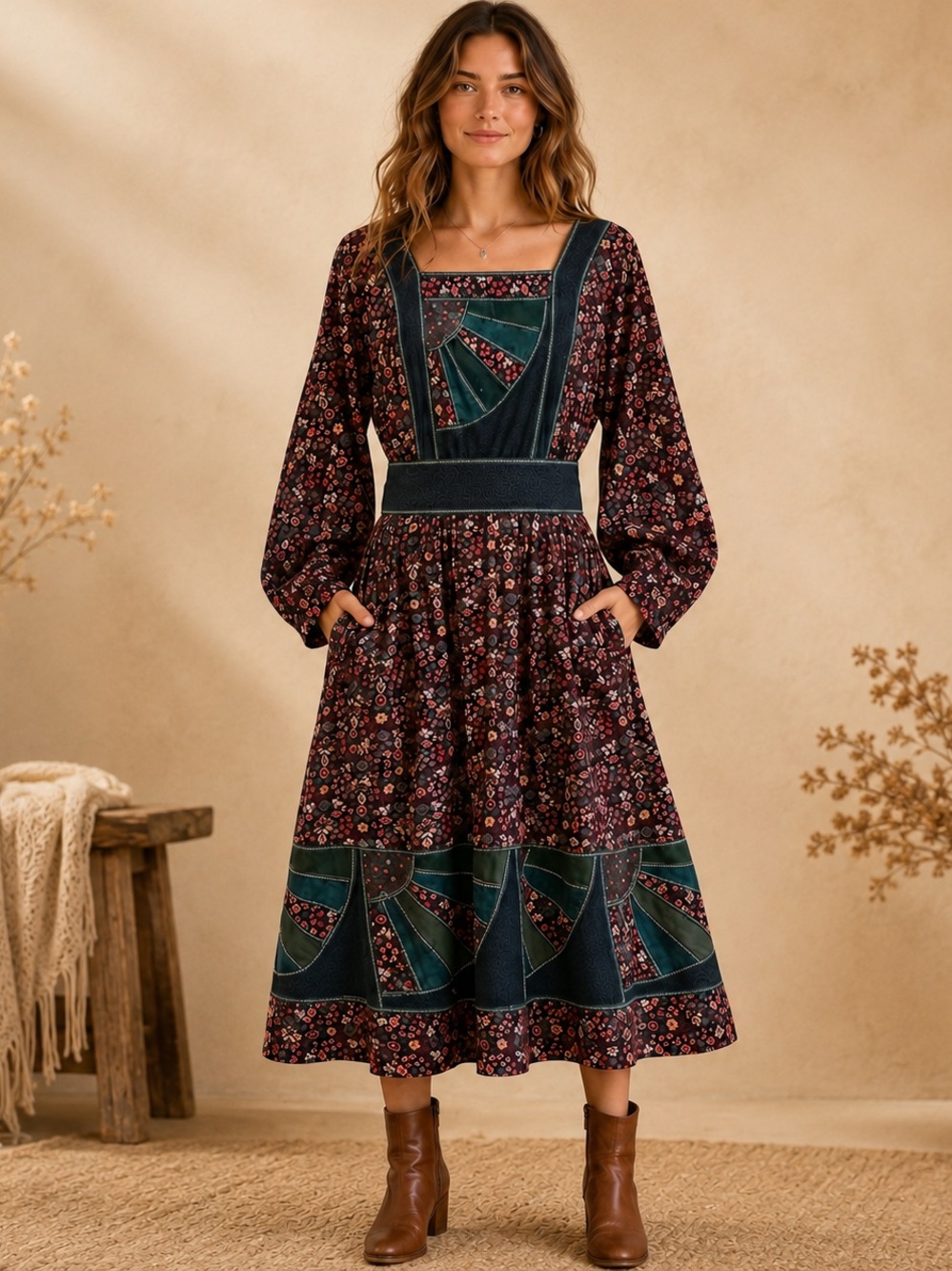 Suttles & Seawinds Vintage Cotton Patchwork Midi Dress Boho